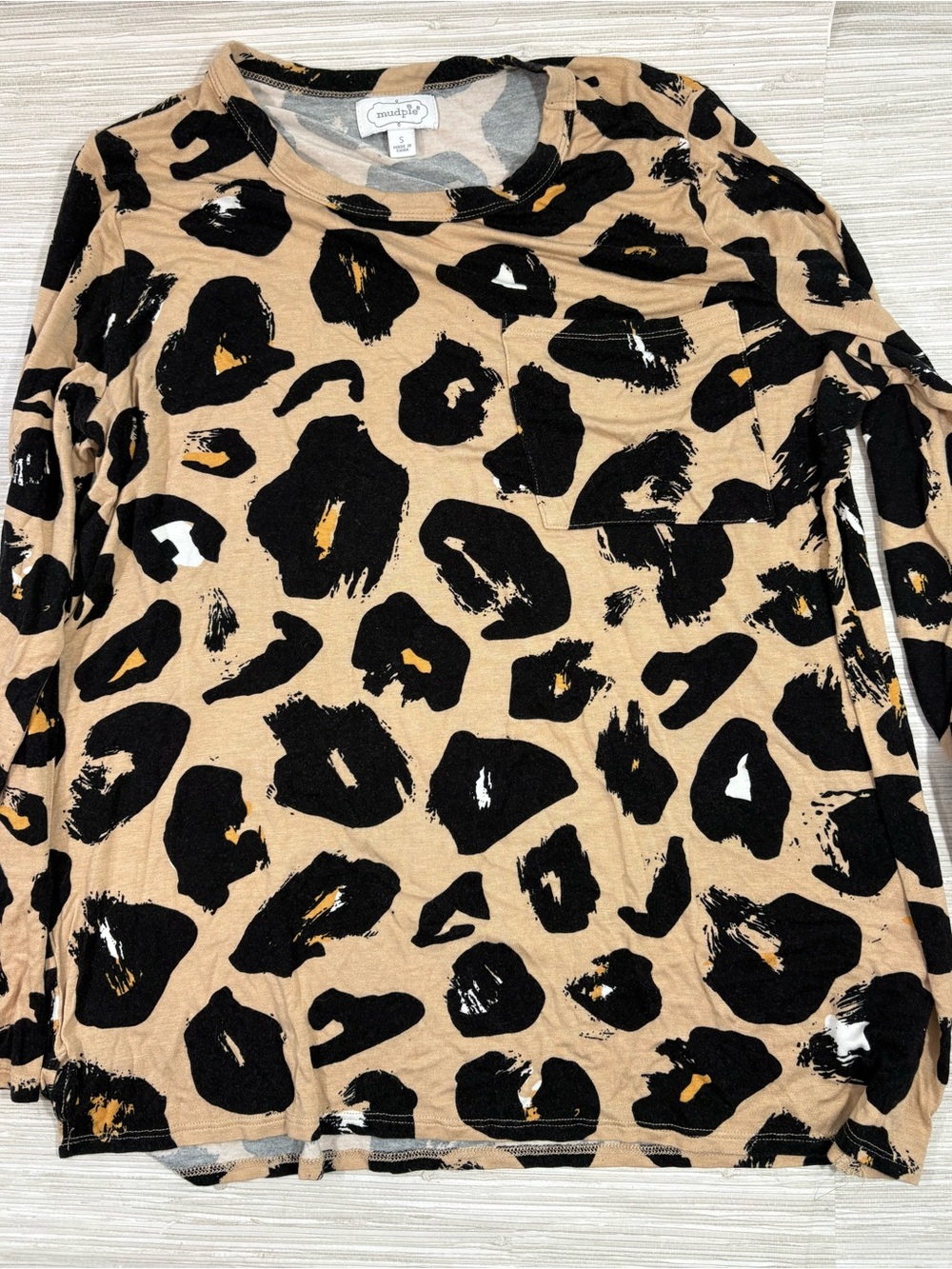 MUDPIE SMALL ✨ leopard print long sleeve tee tan and black EUC